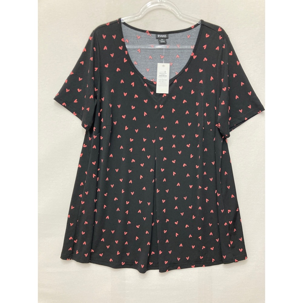NWT Evans Tunic Size 20 Black Red Heart Short Sleeve V-Neck Pleated Stretch